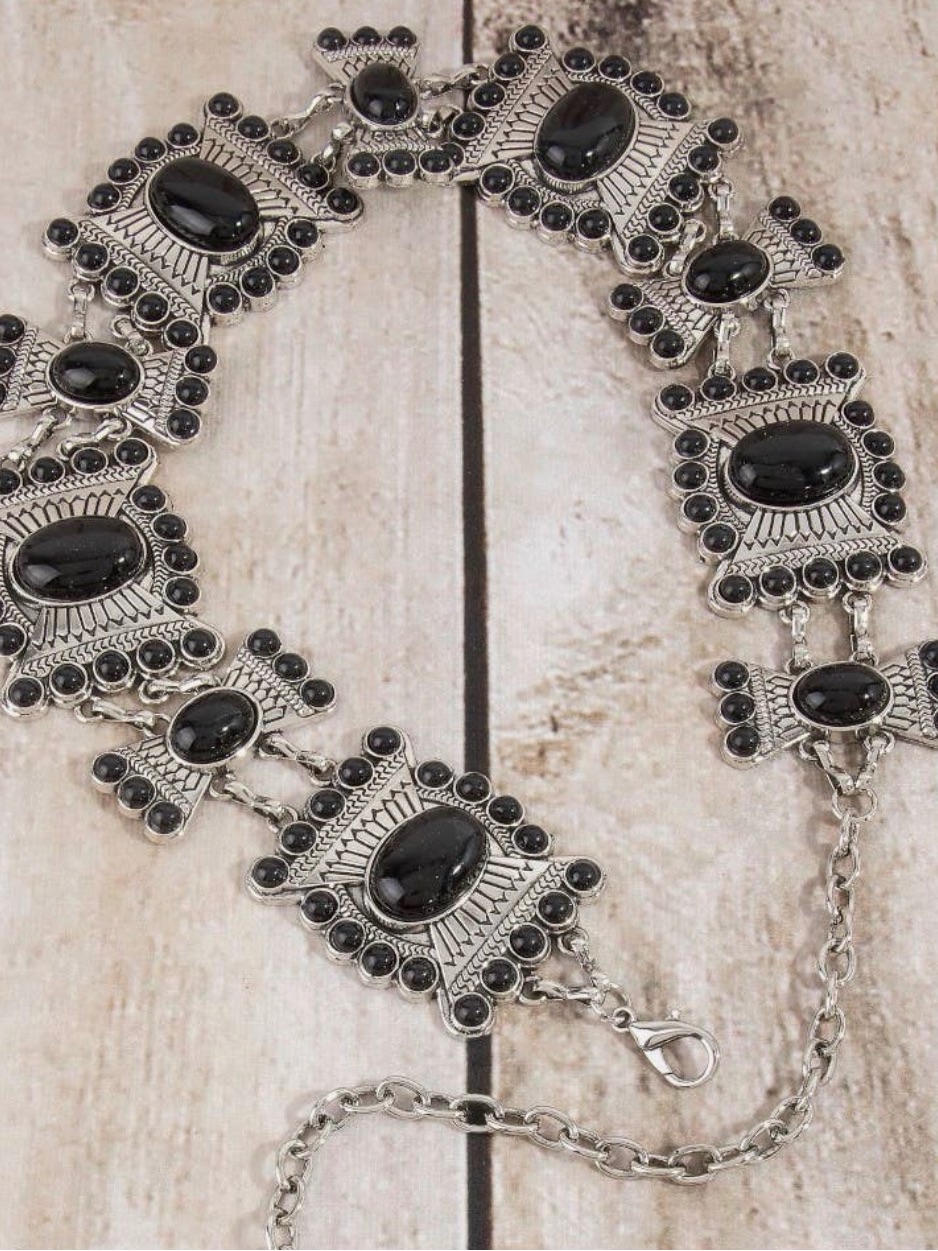 Boho Silver-Tone Black Stone Waist Belt - Women Accessories